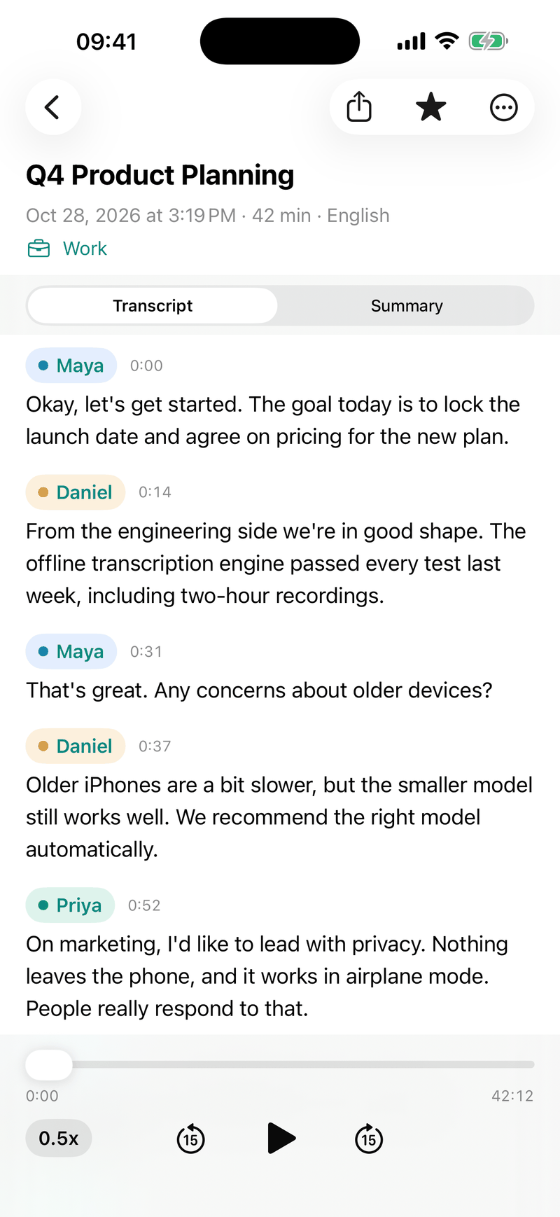 Ondia showing the transcript of a product meeting, with each line labeled by speaker: Maya, Daniel and Priya.