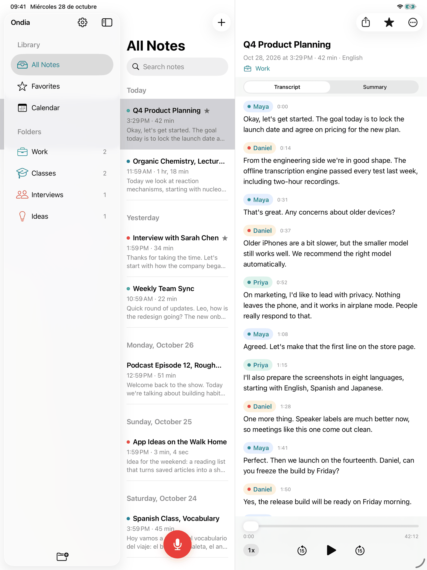 Ondia on iPad with folders in a sidebar, the list of notes and a meeting transcript side by side.