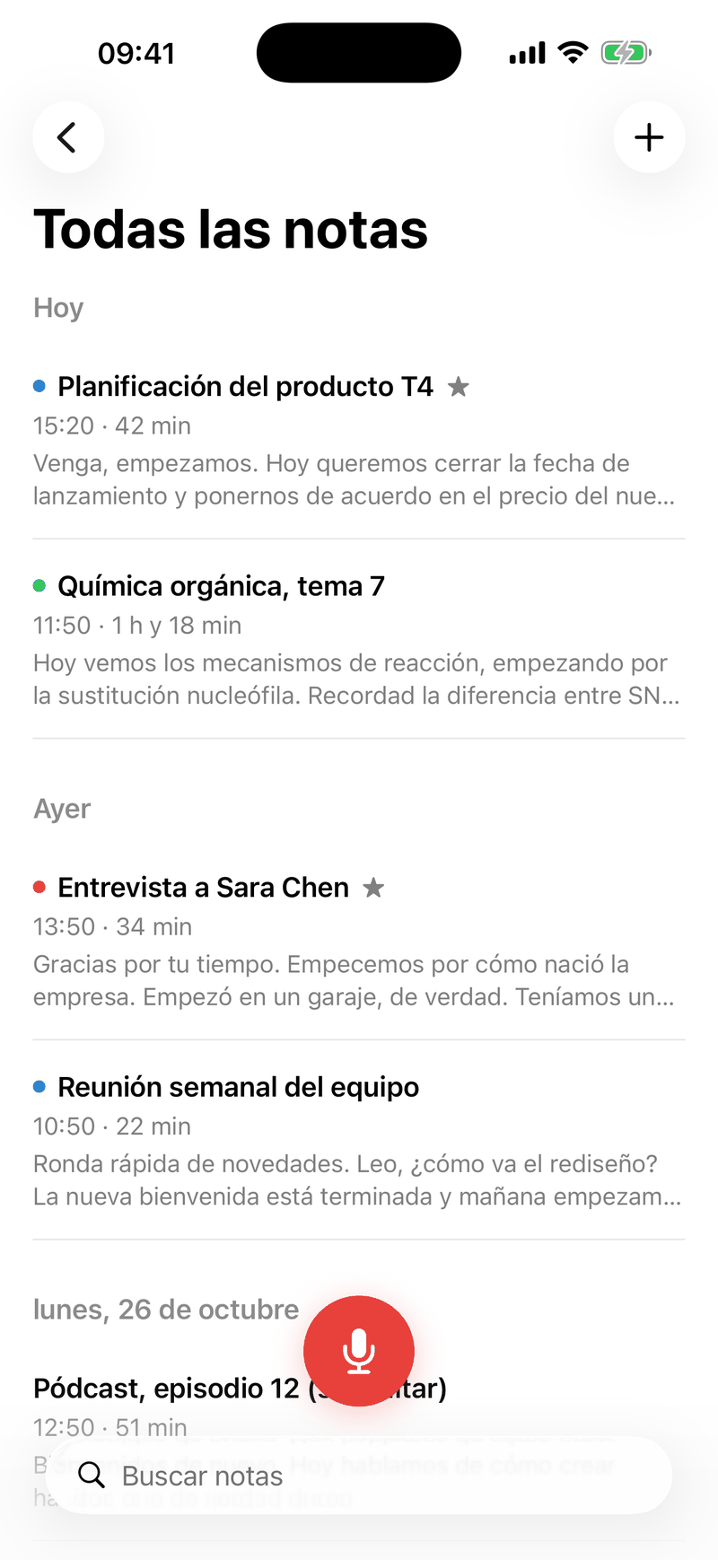 La lista Todas las notas de Ondia con reuniones, clases y entrevistas recientes.