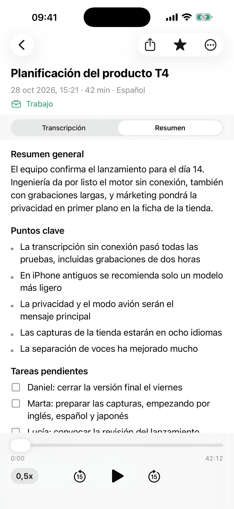 Un resumen de Ondia con visión general, puntos clave y tareas pendientes.